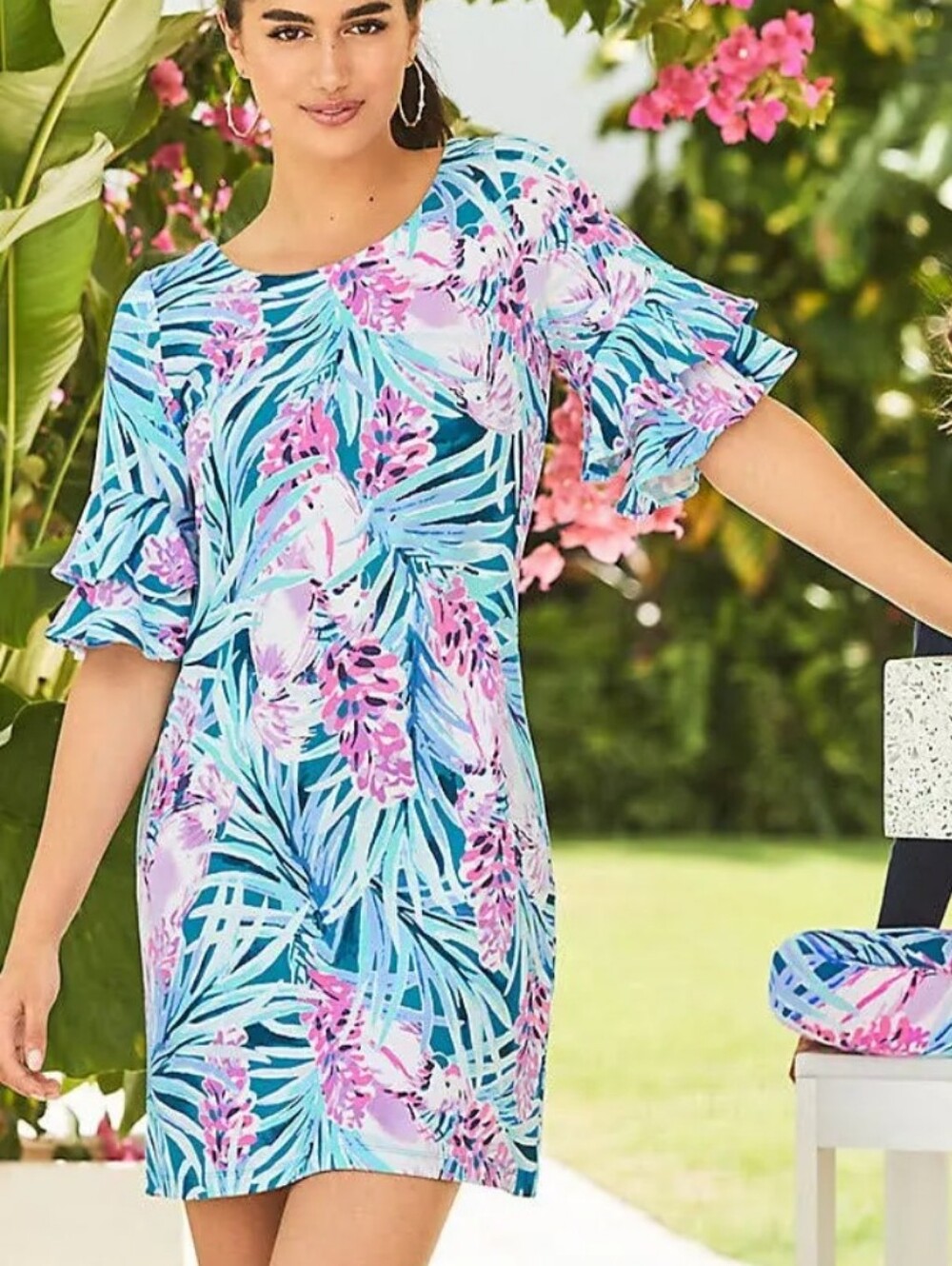 Lilly Pulitzer Lula Dress Women's Small Blue Pink Tropical Floral Ruffle Sleeve